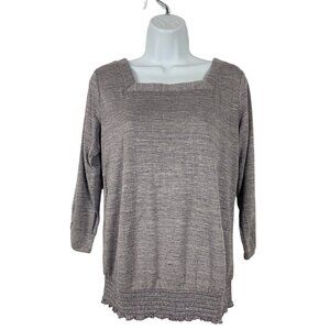 AB Studio Gray Textured 3/4 Sleeve Blouse With Square Neck & Smocked Hem